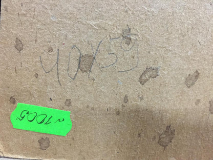 Back of oil painting Boat port on brown cardboard with markings and green sticker