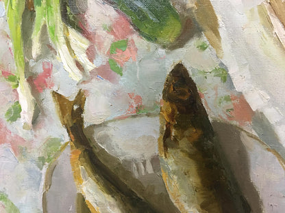 Oil painting of two dried salmon by Smirnov Valentin Sergeevich