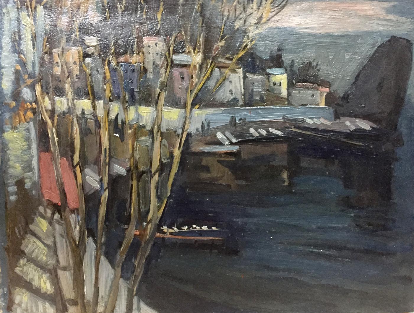 Oil painting by Karelin Vyacheslav Dmitrievich: riverside town with bare trees and reflections