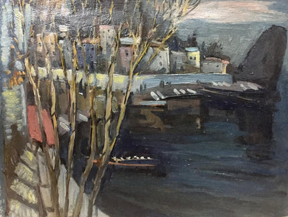 Oil painting by Karelin Vyacheslav Dmitrievich: riverside town with bare trees and reflections