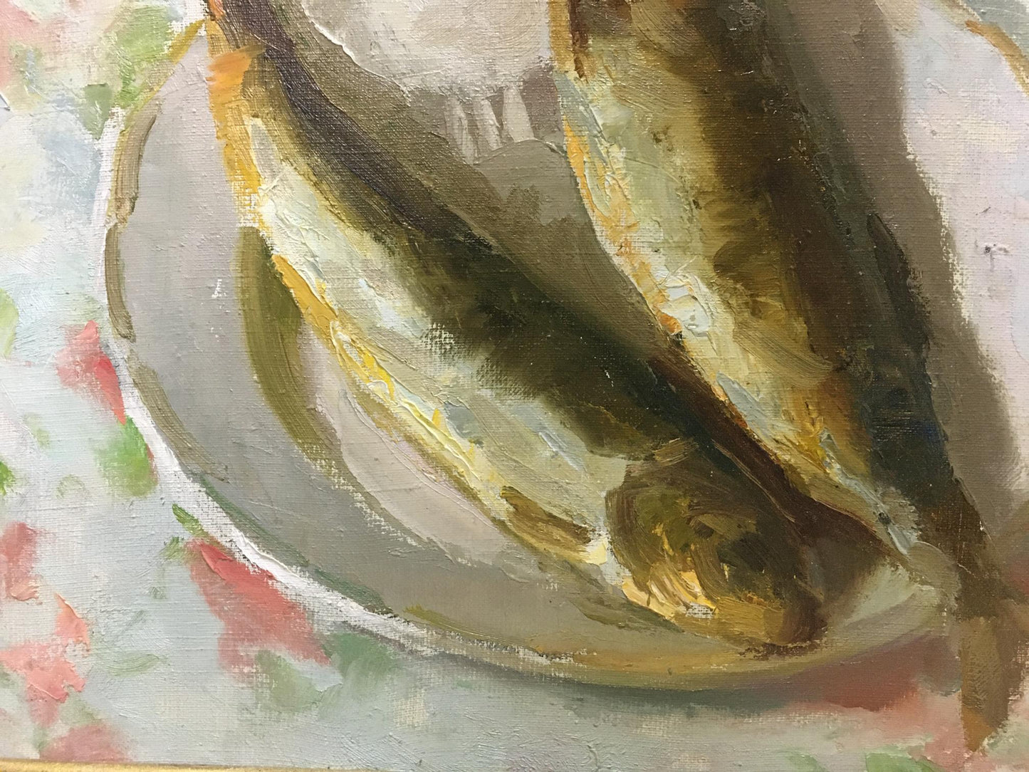 Oil painting of two salmon on gray plate by Smirnov Valentin Sergeevich