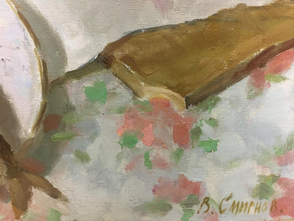 Oil painting by Smirnov Valentin Sergeevich: brown spoon on floral surface