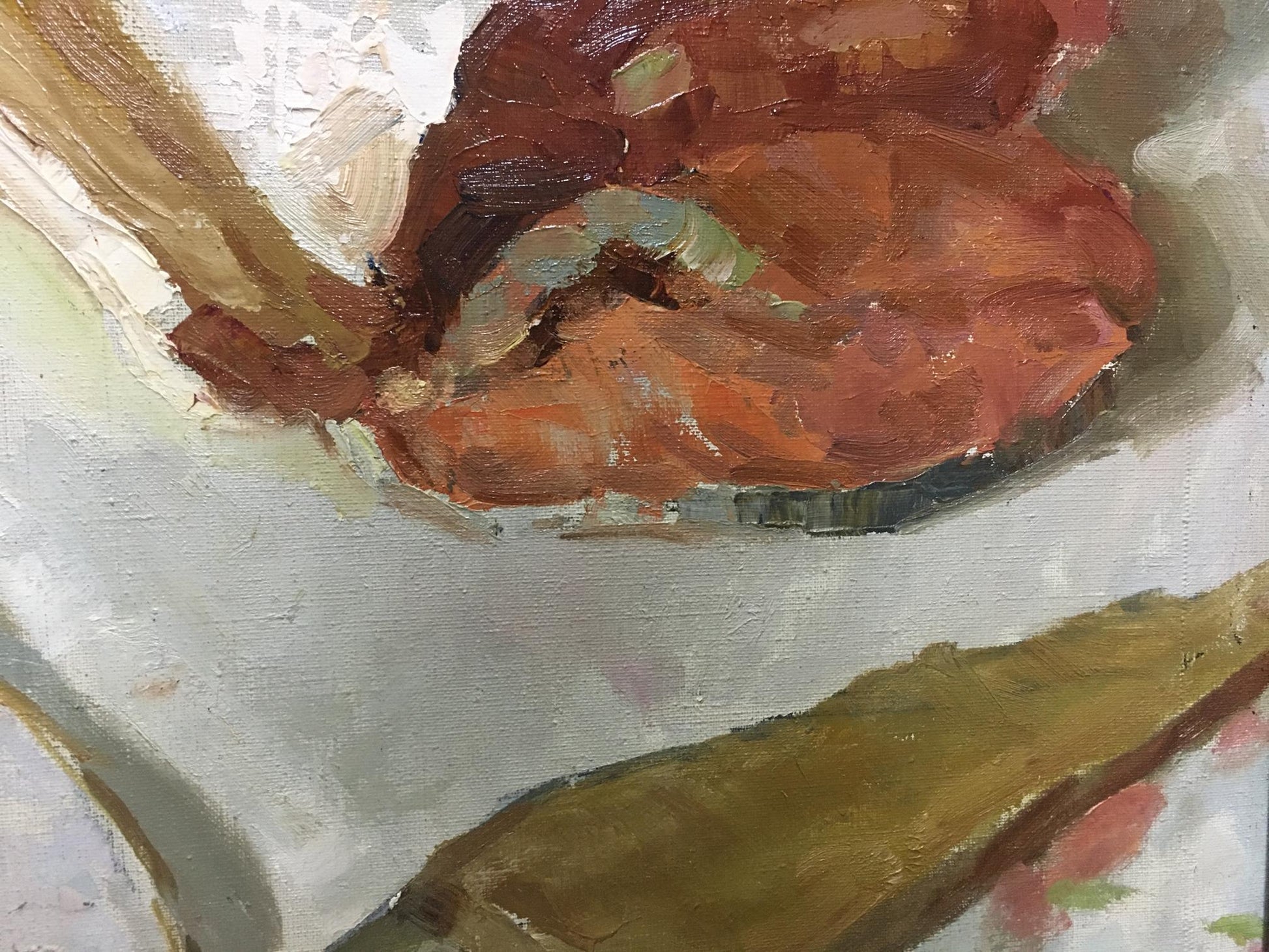 Oil painting of rustic roasted chicken in bowl by Smirnov Valentin Sergeevich