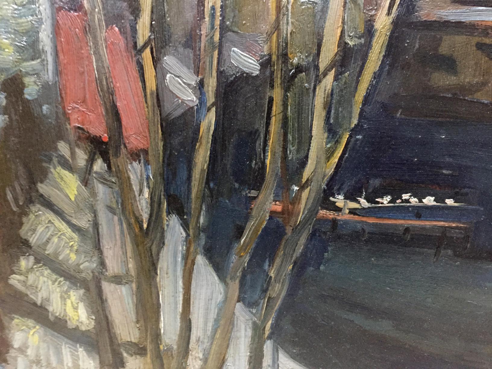 Oil painting by Karelin Vyacheslav Dmitrievich: textured trees in browns, yellows on blue
