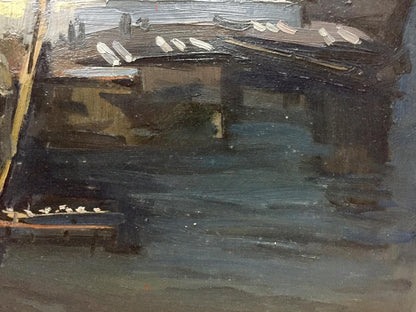 Oil painting by Karelin Vyacheslav Dmitrievich: moody blue-gray waterfront scene