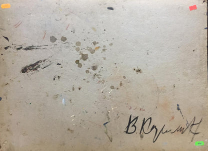 Back of beige canvas oil painting by Karelin Vyacheslav Dmitrievich with b signature and paint splatters