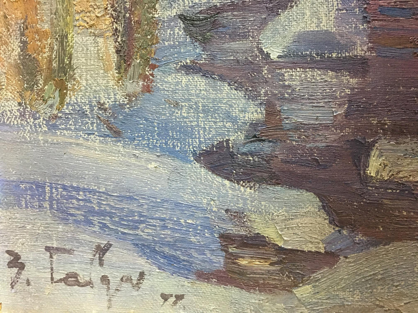 Oil painting End of Winter by Gabda Vasily Georgievich, textured blue brown white brushstrokes