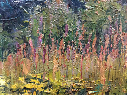 Oil painting Tropics Constantinople by Adolf Markovich: textured pink purple grasses on green yellow backdrop