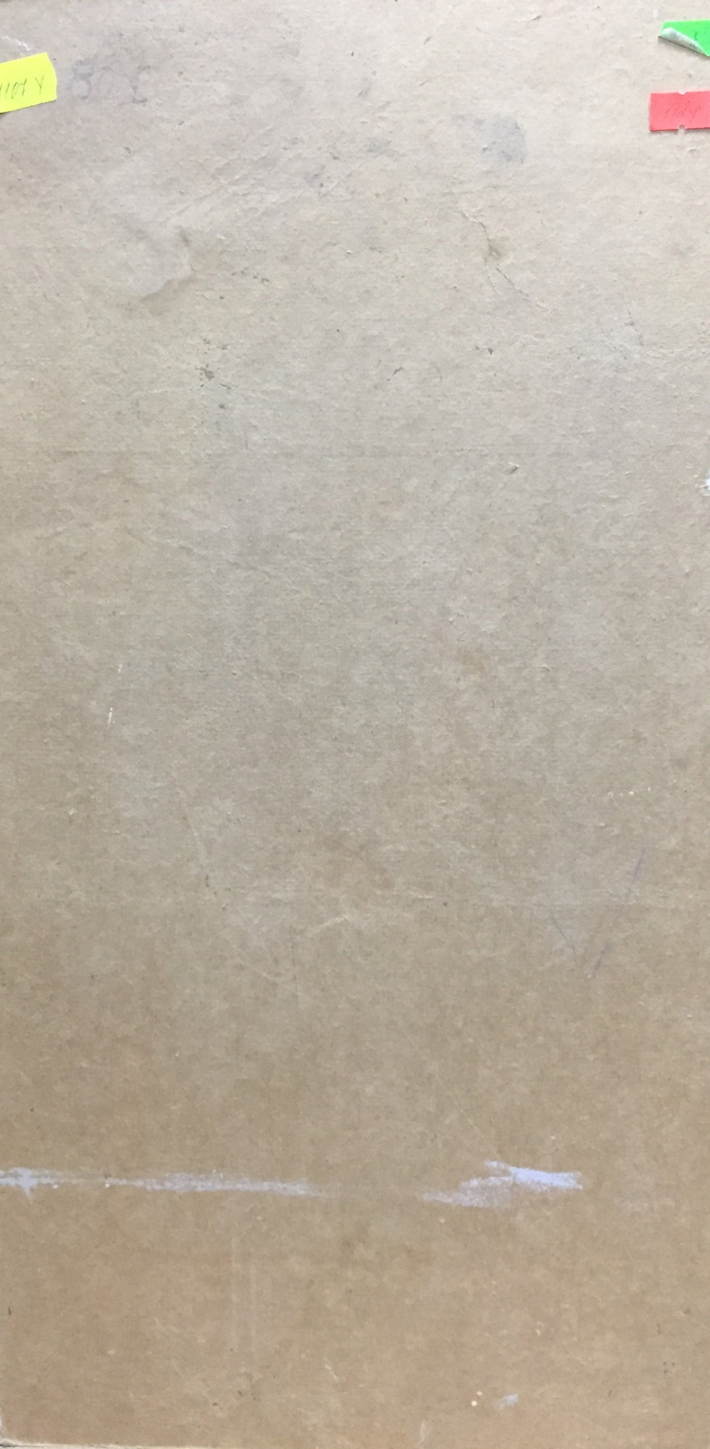 Back of Oil painting Tropics Constantinople Adolf Markovich with beige textured surface, faint white line and colorful sticky notes