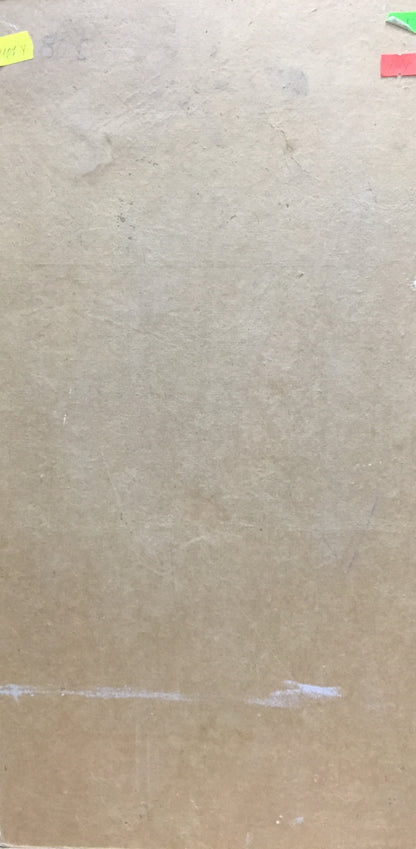 Back of Oil painting Tropics Constantinople Adolf Markovich with beige textured surface, faint white line and colorful sticky notes
