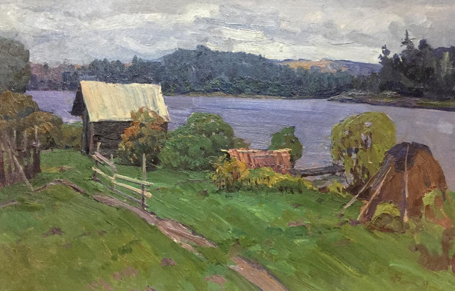 Oil painting by Fomin Anatoly Nikiforovich: rustic cabin by calm lake