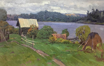 Oil painting by Fomin Anatoly Nikiforovich: rustic cabin by calm lake