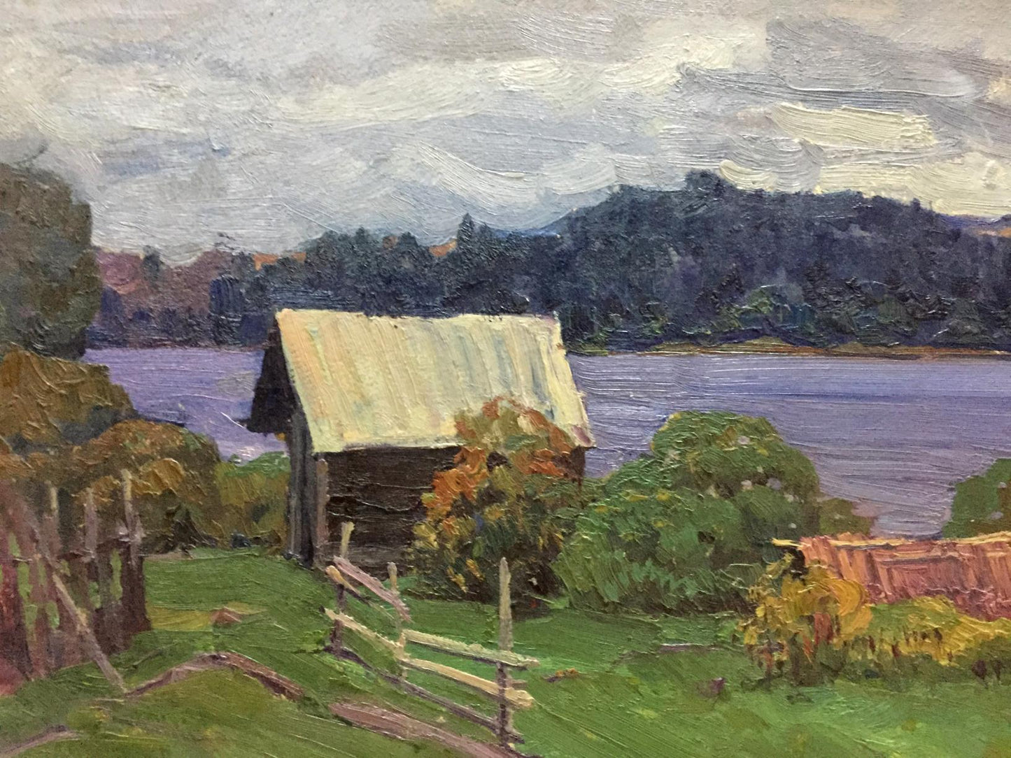 Oil painting by Fomin Anatoly Nikiforovich: rustic cabin by lake amid trees