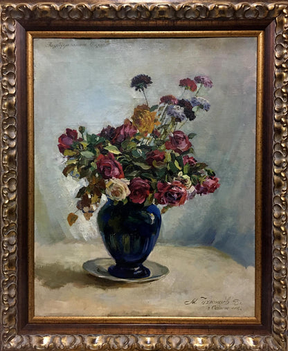 Oil painting of vibrant roses bouquet in blue vase by Chukhlantsev May Filippovich