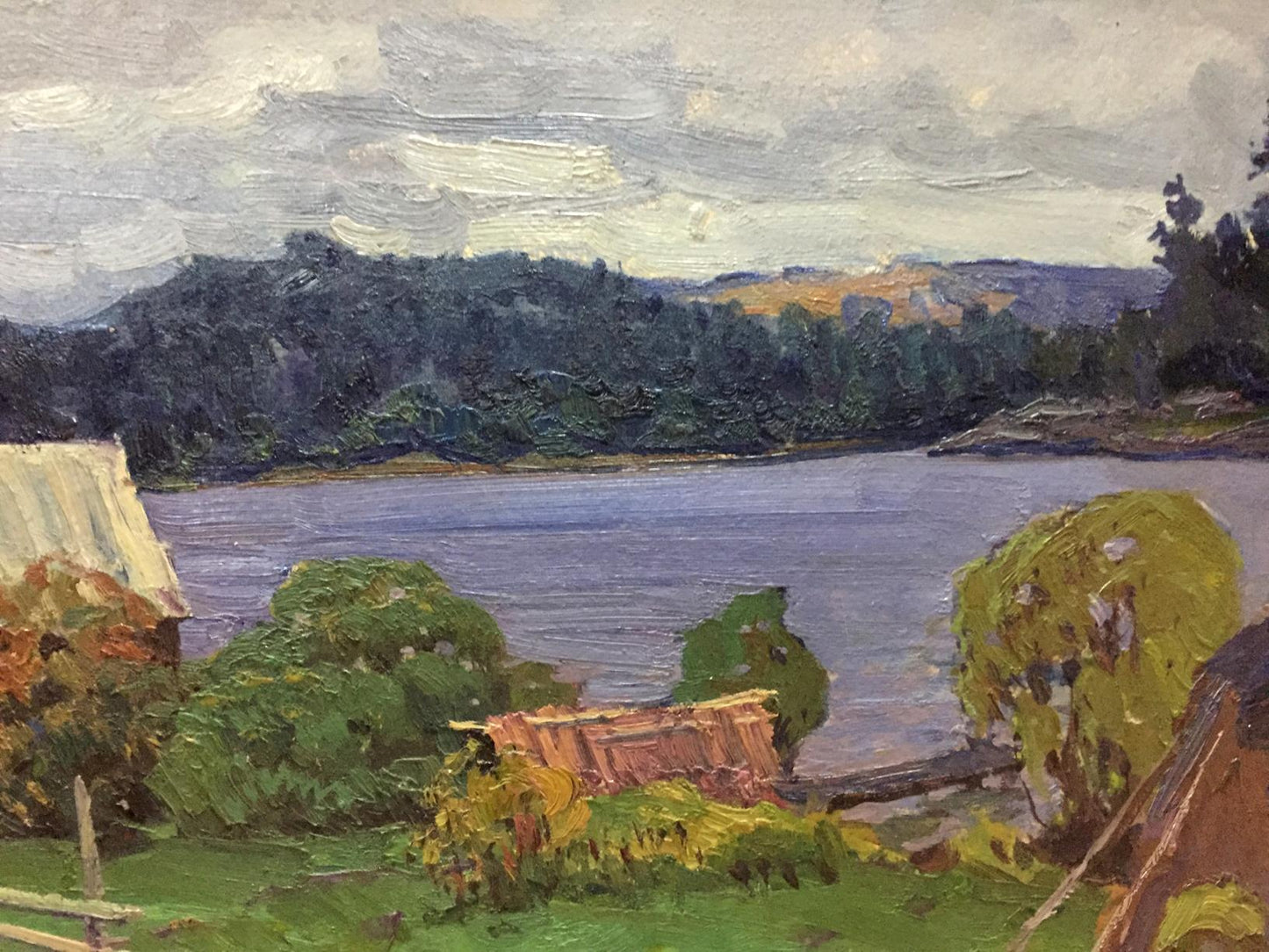 Impressionistic oil painting by Fomin Anatoly Nikiforovich of serene rural lake landscape