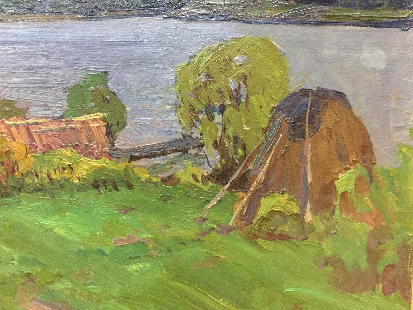 Oil painting Rural life by Fomin Anatoly Nikiforovich, rustic structure by water