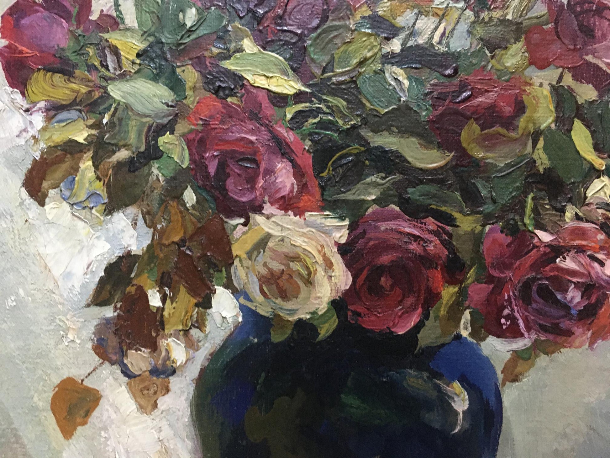 Oil painting of vibrant roses in blue vase by Chukhlantsev May Filippovich