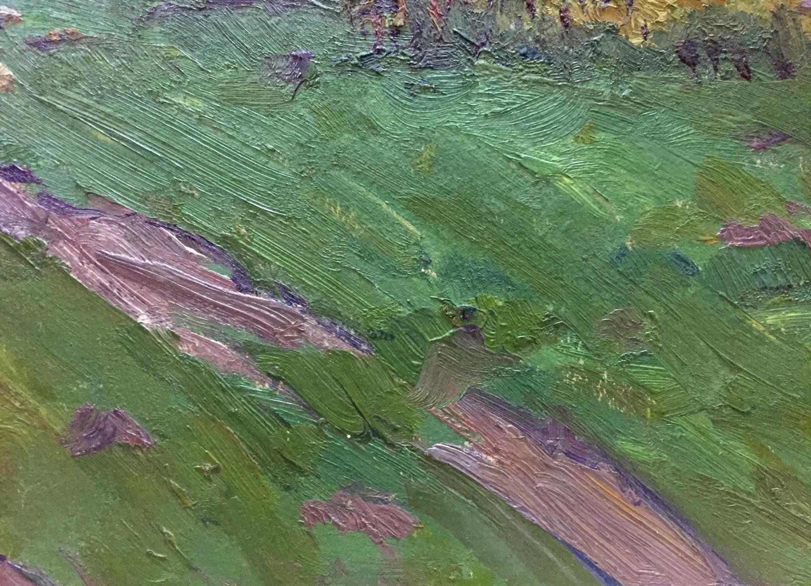 Oil painting Rural life by Fomin Anatoly Nikiforovich, vibrant green fields in impasto