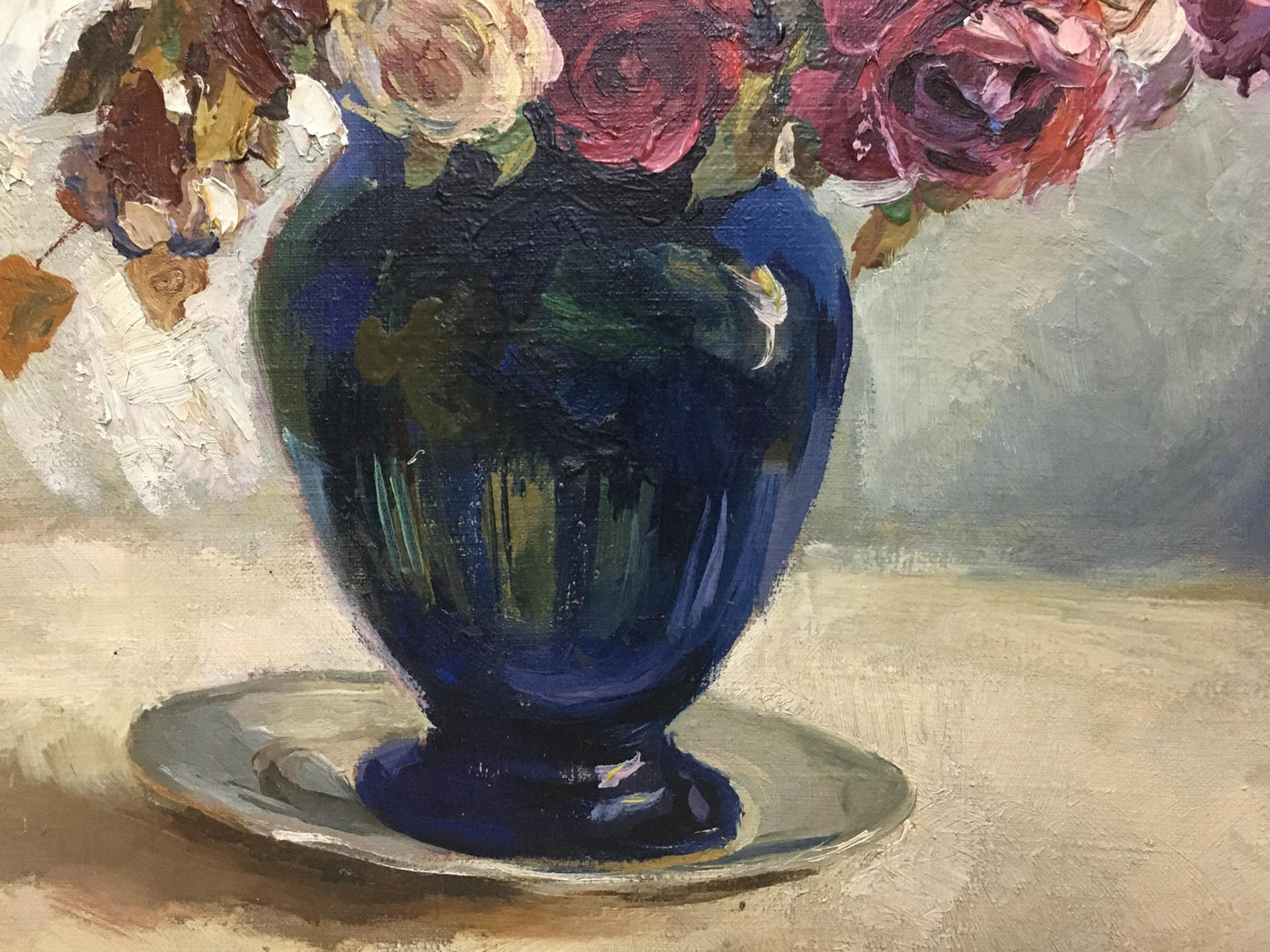 Oil painting still life by Chukhlantsev May Filippovich: deep blue glossy ceramic vase with pink mauve roses
