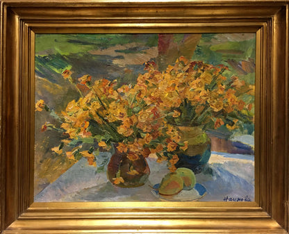 Oil painting by Naumova Tamara Sergeevna: two vases with yellow flowers