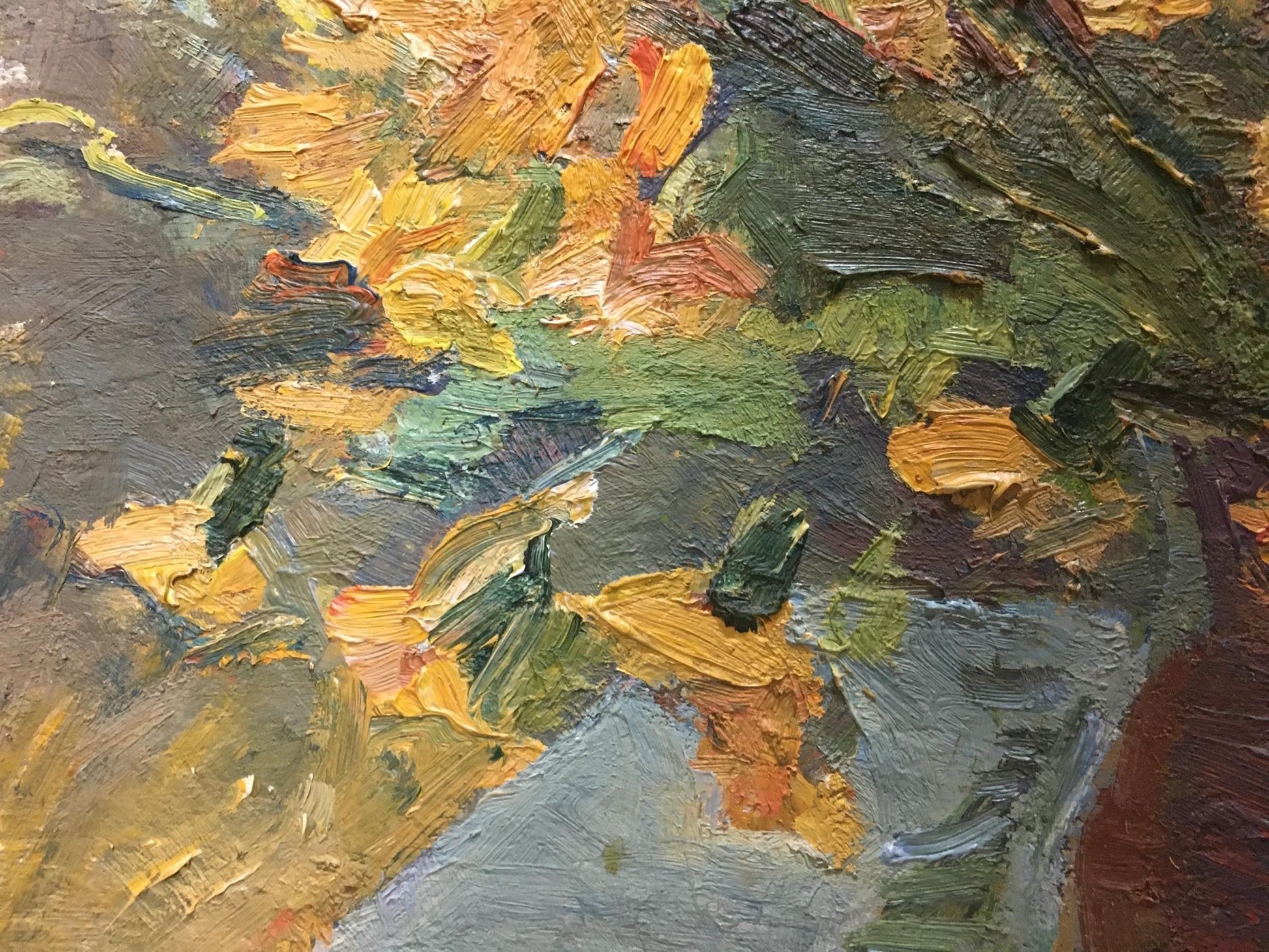 Oil painting of flowers in vase by Naumova Tamara Sergeevna, impasto strokes