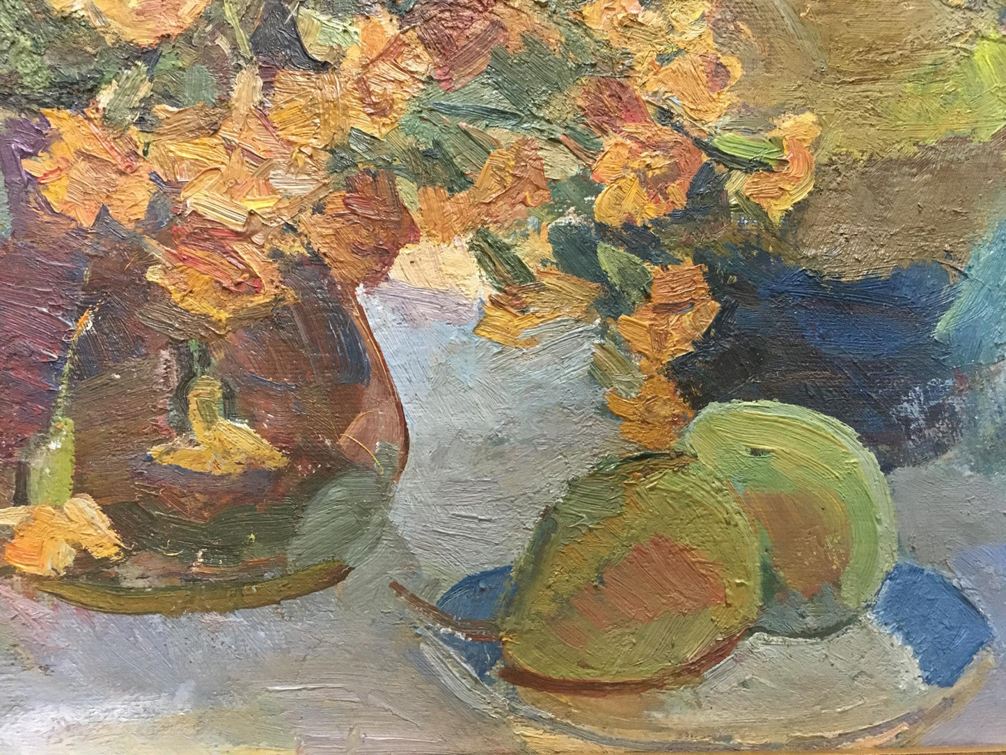 Oil painting by Naumova Tamara Sergeevna: brown vase with yellow orange flowers, green pears