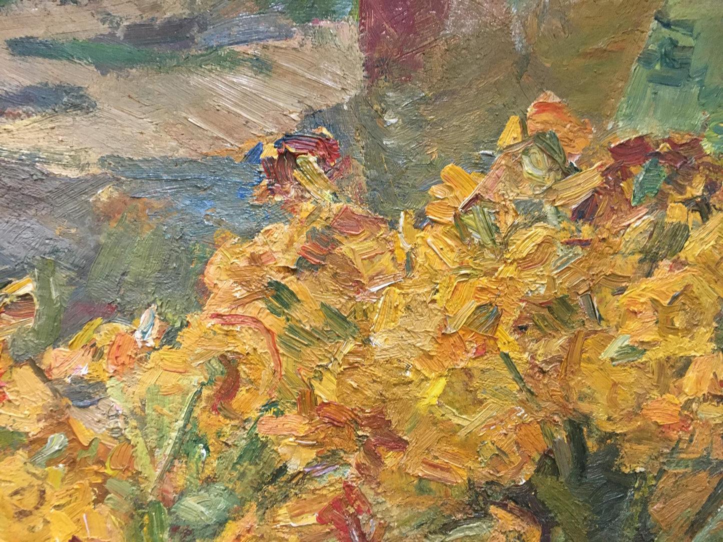 Oil painting of golden-yellow flowers in vase by Naumova Tamara Sergeevna
