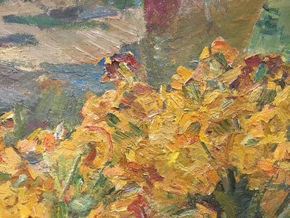 Oil painting of golden-yellow flowers in vase by Naumova Tamara Sergeevna
