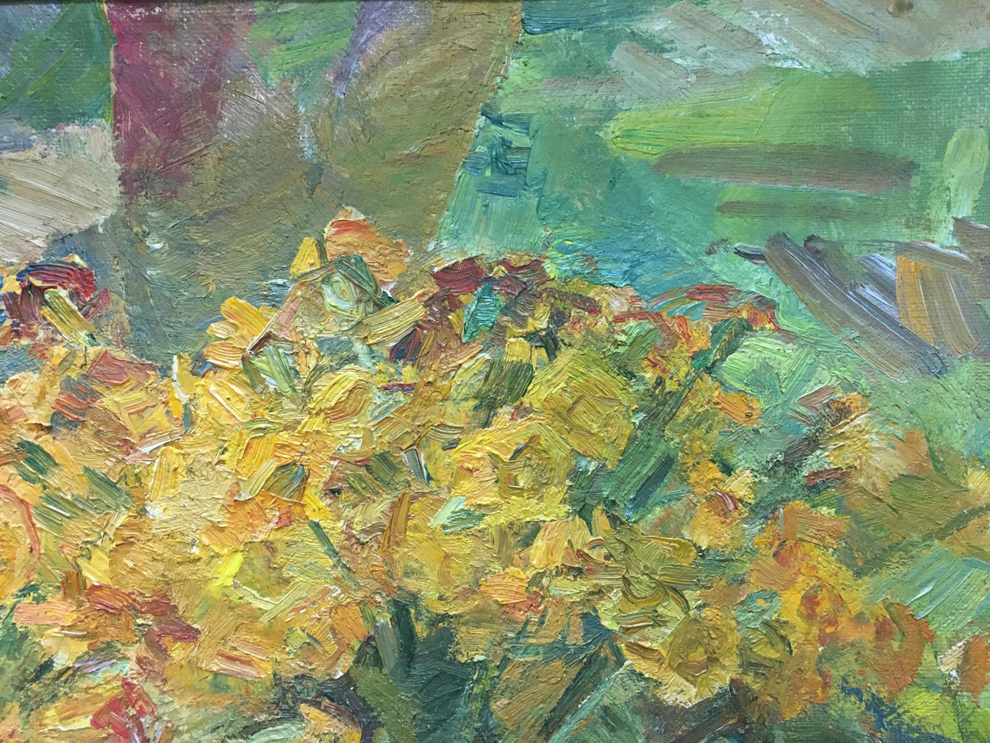 Vibrant impressionist oil painting of yellow orange flowers in vase by Naumova Tamara Sergeevna