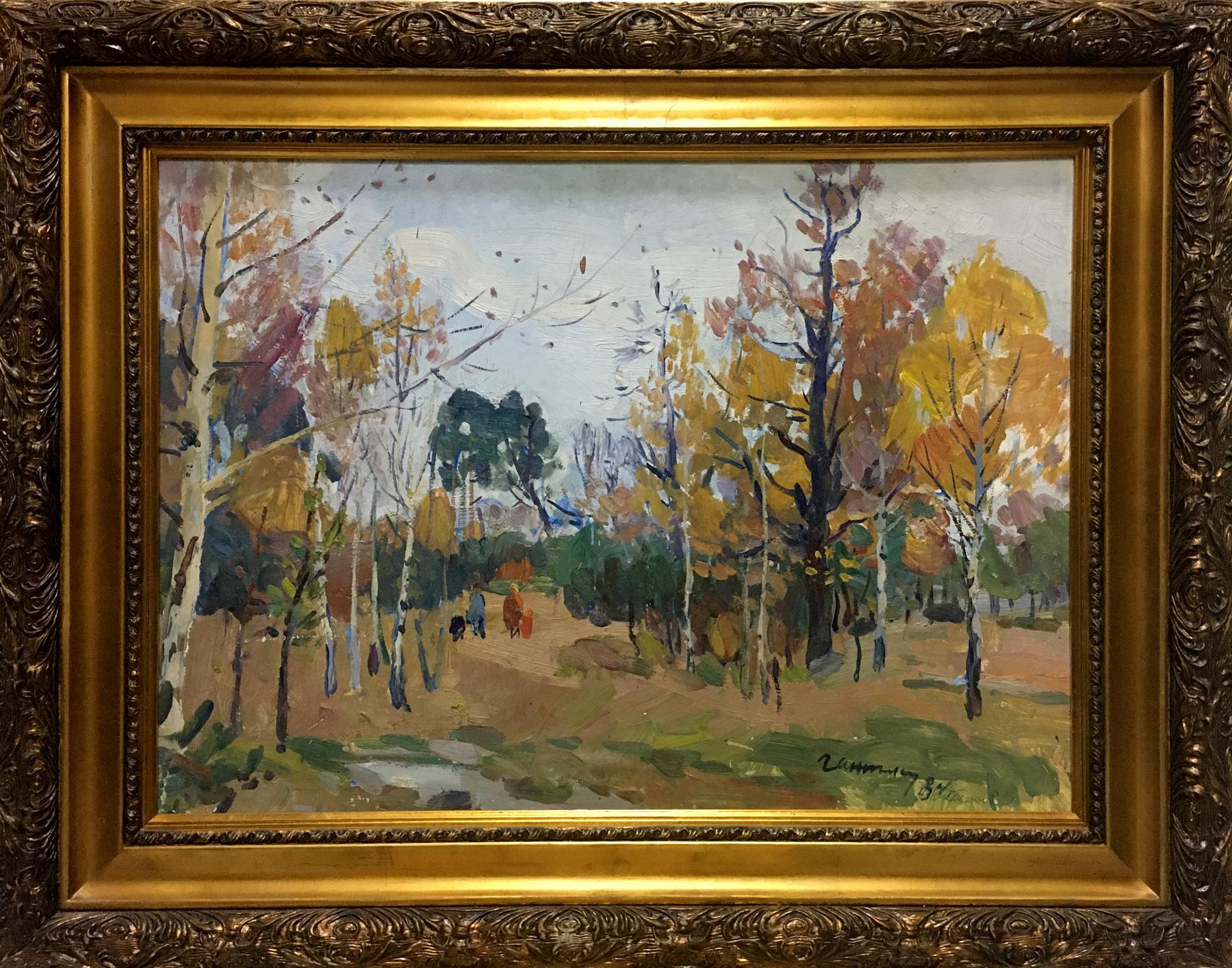Oil painting Autumn in a birch forest by Moses Gantman, impressionist landscape