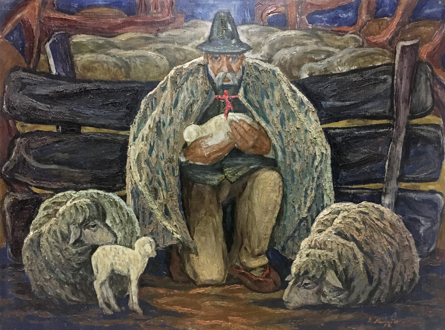 Oil painting portrait of bearded man Mikita Vladimir Vasilievich with sheep