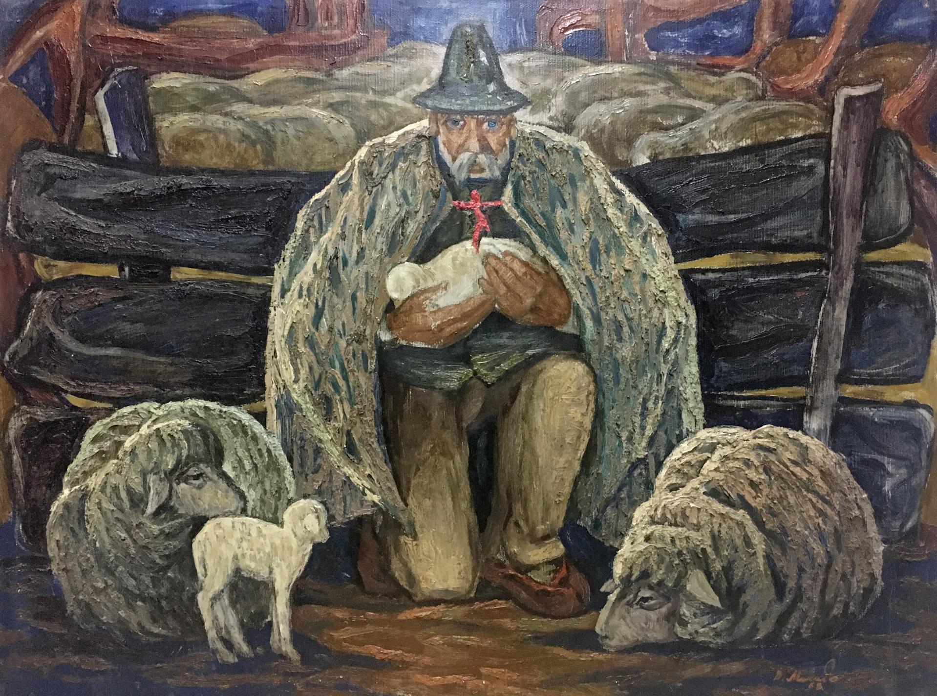 Oil painting portrait of bearded man Mikita Vladimir Vasilievich with sheep