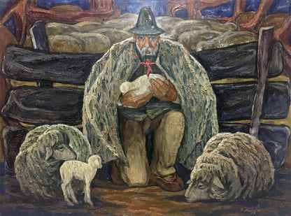Oil painting portrait of bearded man Mikita Vladimir Vasilievich with sheep