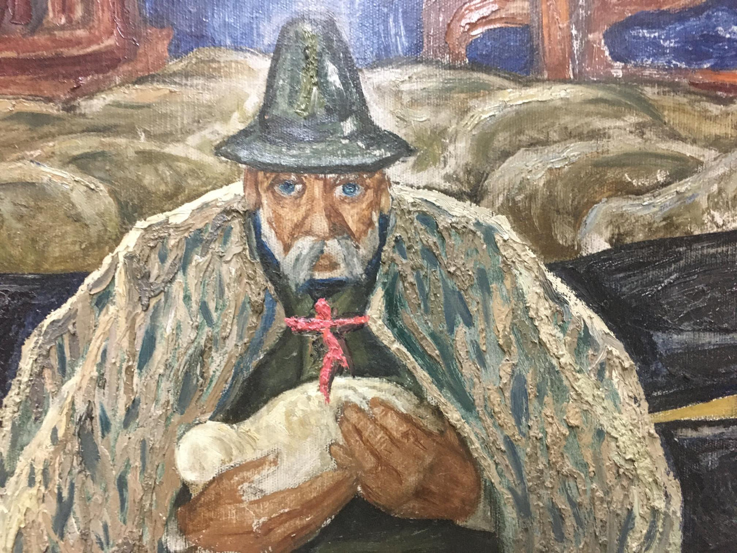 Oil painting portrait of man Mikita Vladimir Vasilievich holding baby
