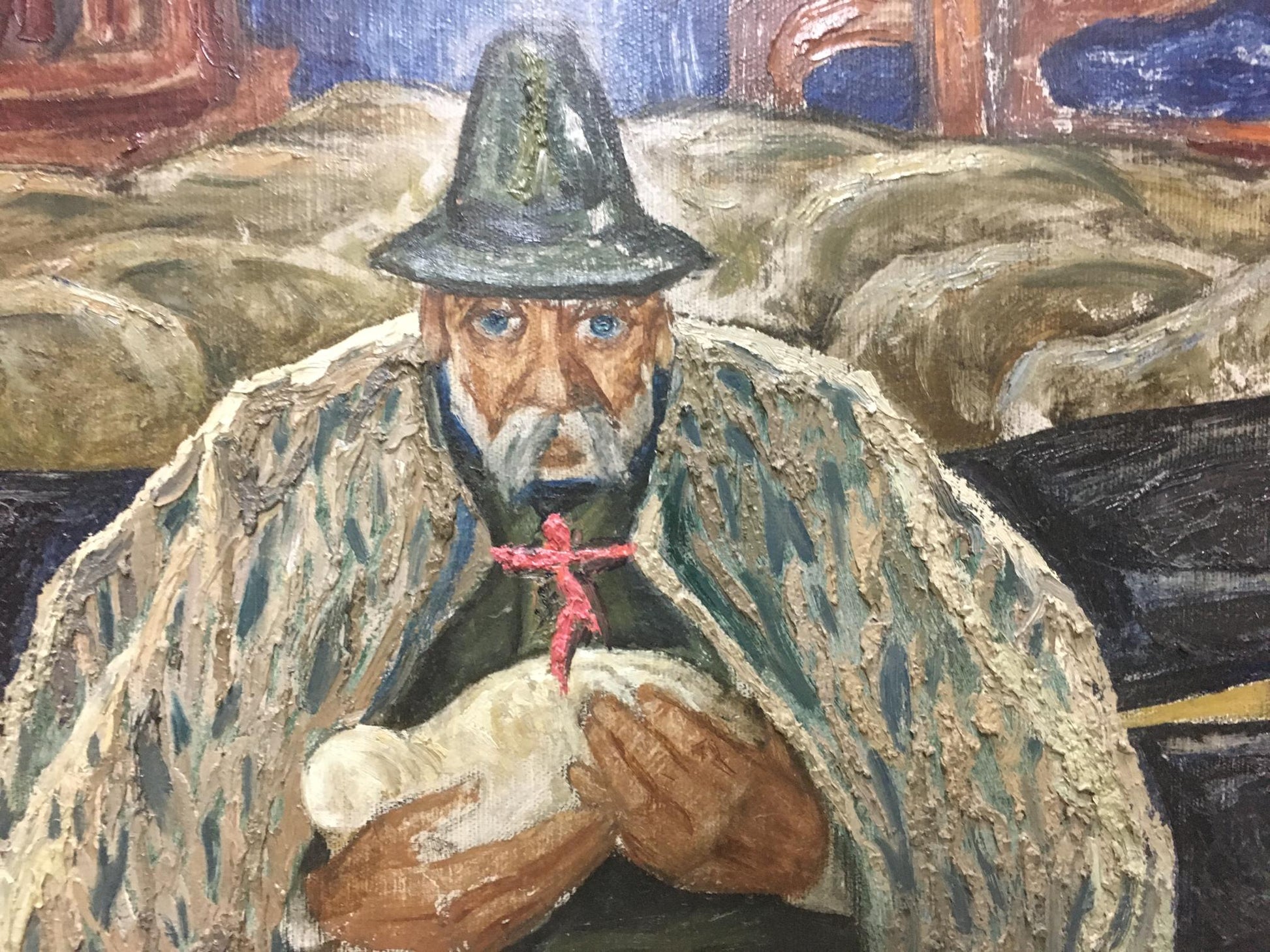 Oil painting portrait of man Mikita Vladimir Vasilievich holding baby