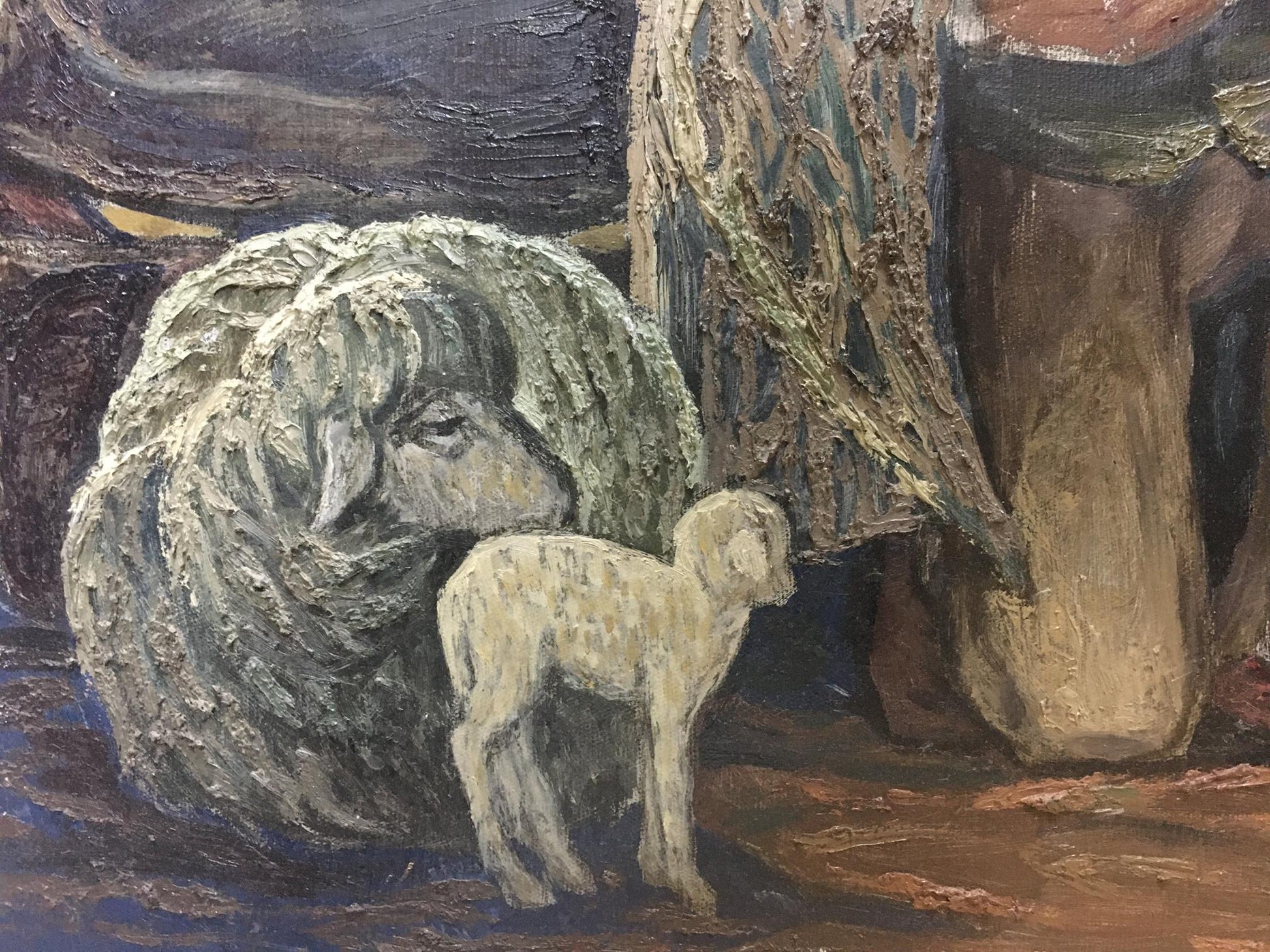 Textured impressionistic oil painting of woolly sheep and lamb by Mikita Vladimir Vasilievich