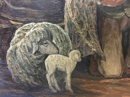 Textured impressionistic oil painting of woolly sheep and lamb by Mikita Vladimir Vasilievich