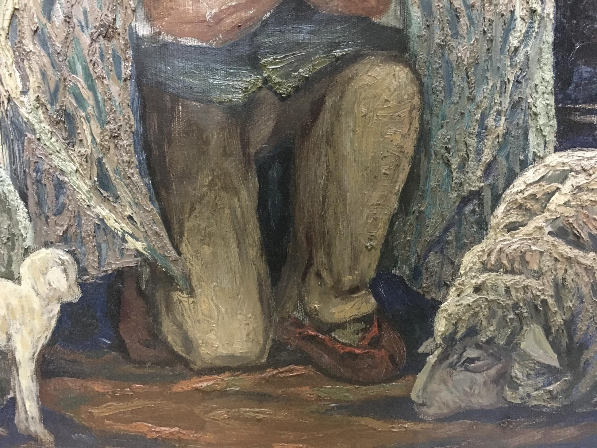 Oil painting by Mikita Vladimir Vasilievich: mans legs, red shoes, two sheep