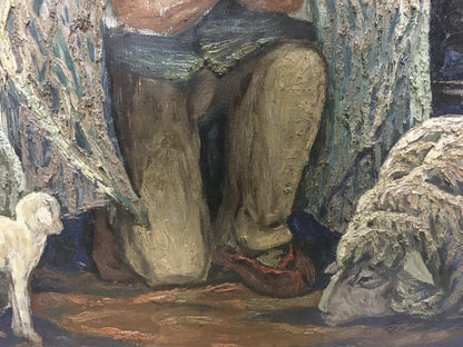Oil painting by Mikita Vladimir Vasilievich: mans legs, red shoes, two sheep