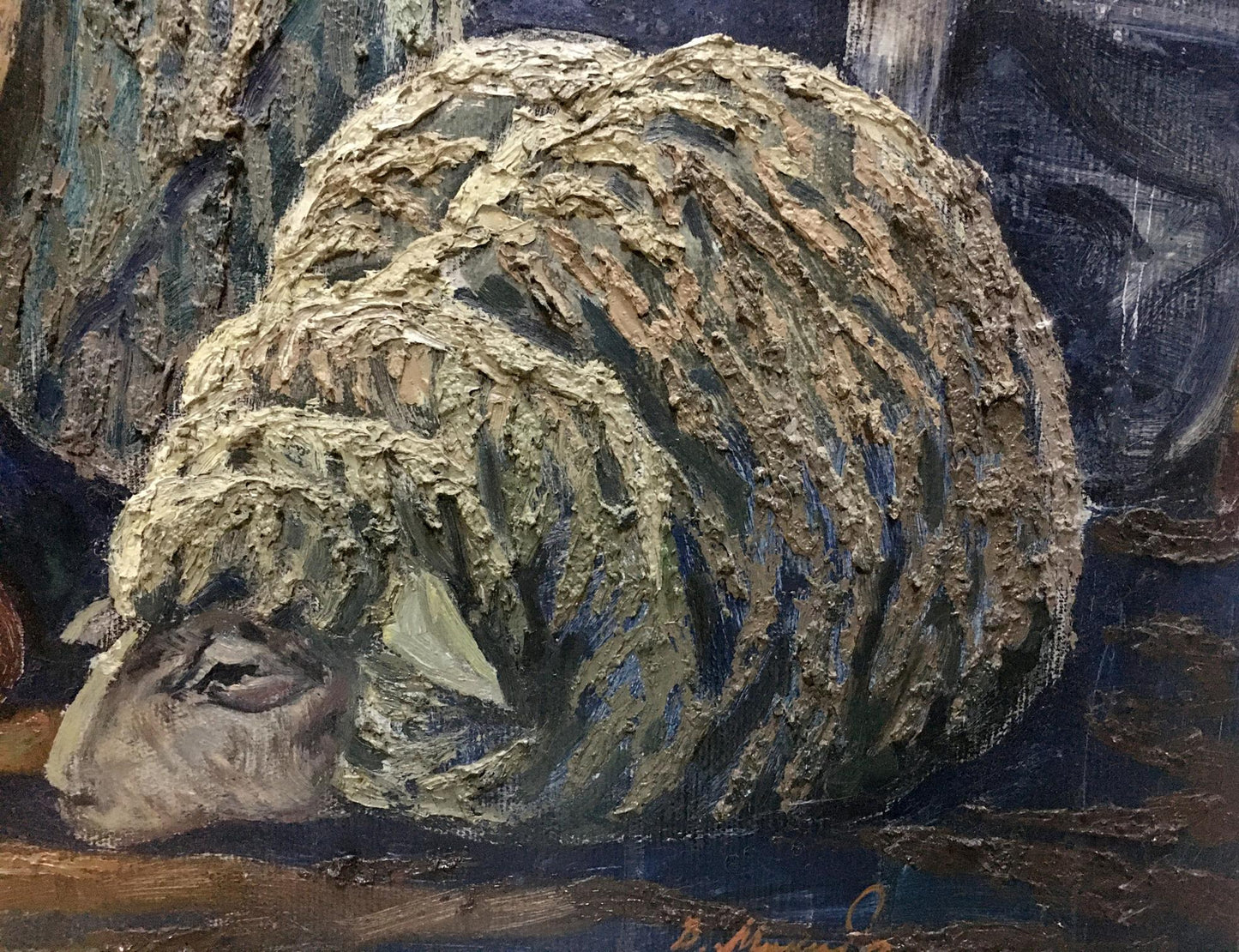 Oil painting portrait of Mikita Vladimir Vasilievich: textured green-brown sheep