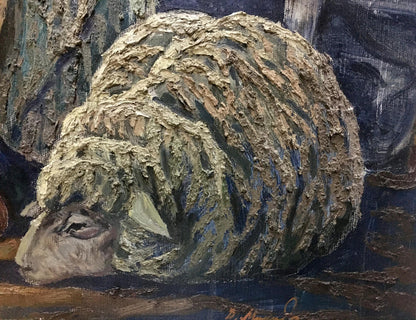 Oil painting portrait of Mikita Vladimir Vasilievich: textured green-brown sheep