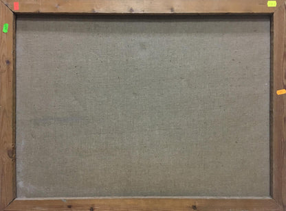 Back of oil painting Portrait of a man Mikita Vladimir Vasilievich on wooden-framed canvas with gray fabric backing