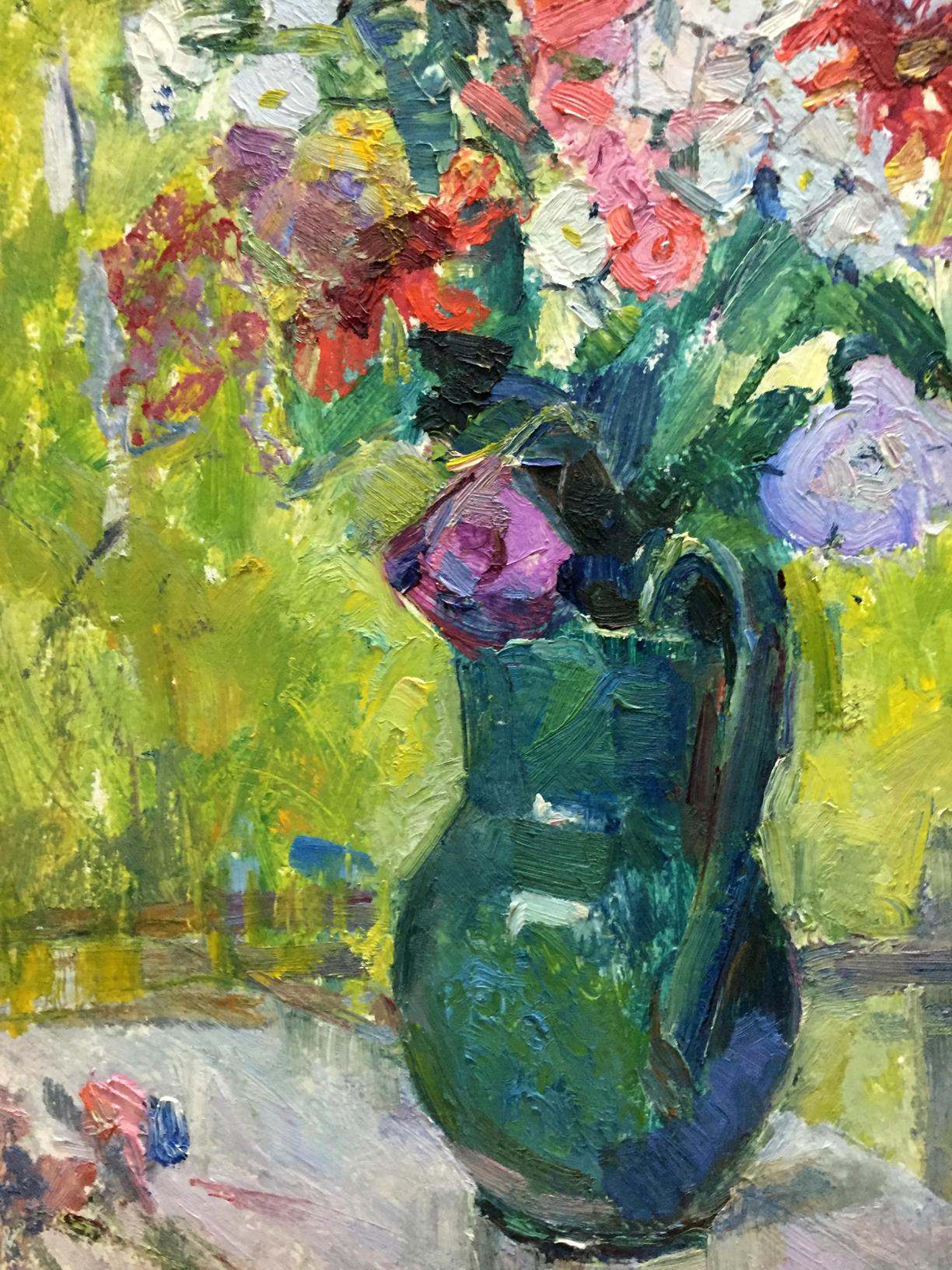 Vibrant impressionist oil painting by Dovgalevskaya Vera Veniaminovna of green pitcher with colorful flowers