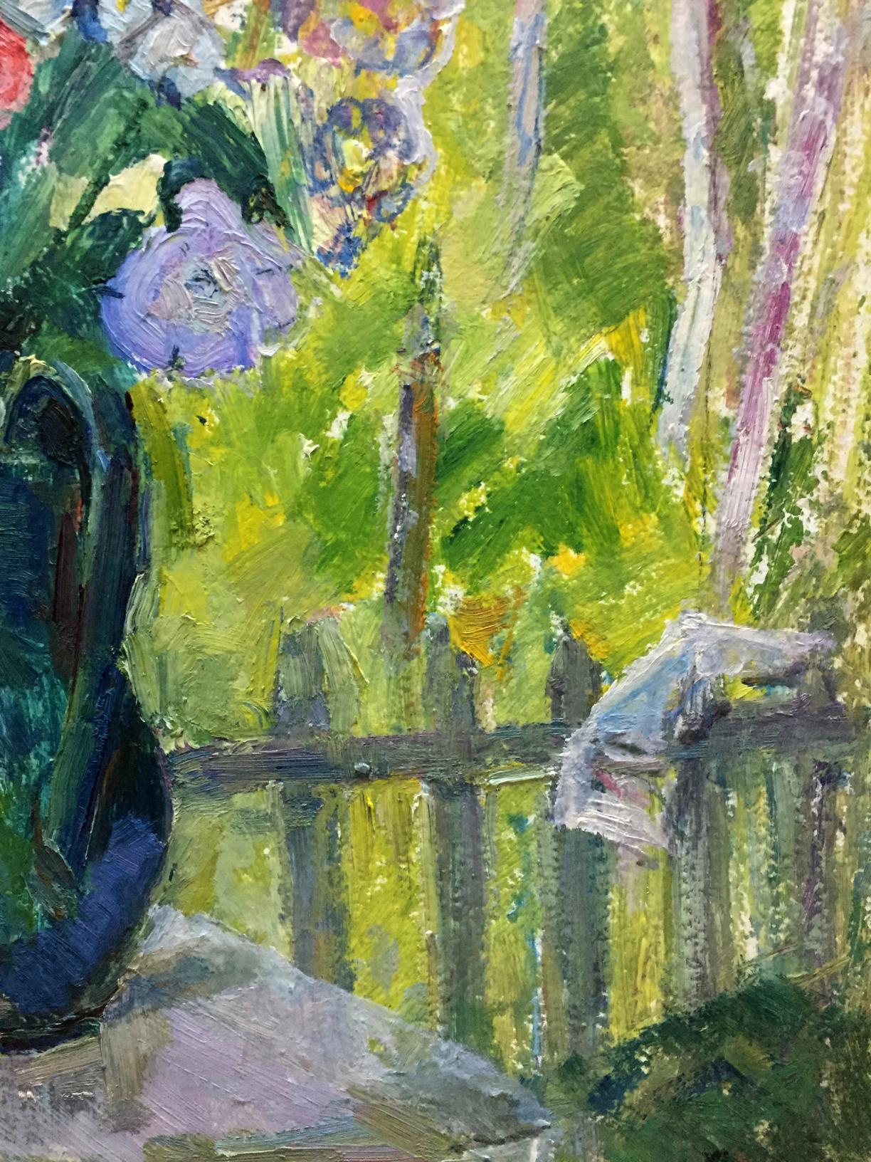 Oil painting by Dovgalevskaya Vera Veniaminovna: dark blue vase with purple yellow flowers on green background