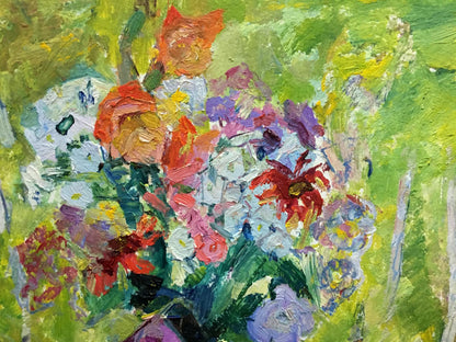 Vibrant impressionist oil painting by Dovgalevskaya Vera Veniaminovna of colorful bouquet