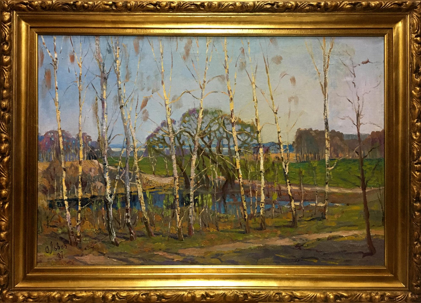 Oil painting by Lvov Sergey Sergeyevich: birch trees in serene landscape
