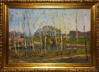 Oil painting by Lvov Sergey Sergeyevich: birch trees in serene landscape