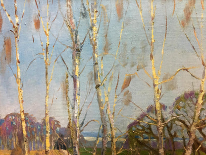 Oil painting by Lvov Sergey Sergeyevich: pale birch trees against blue sky