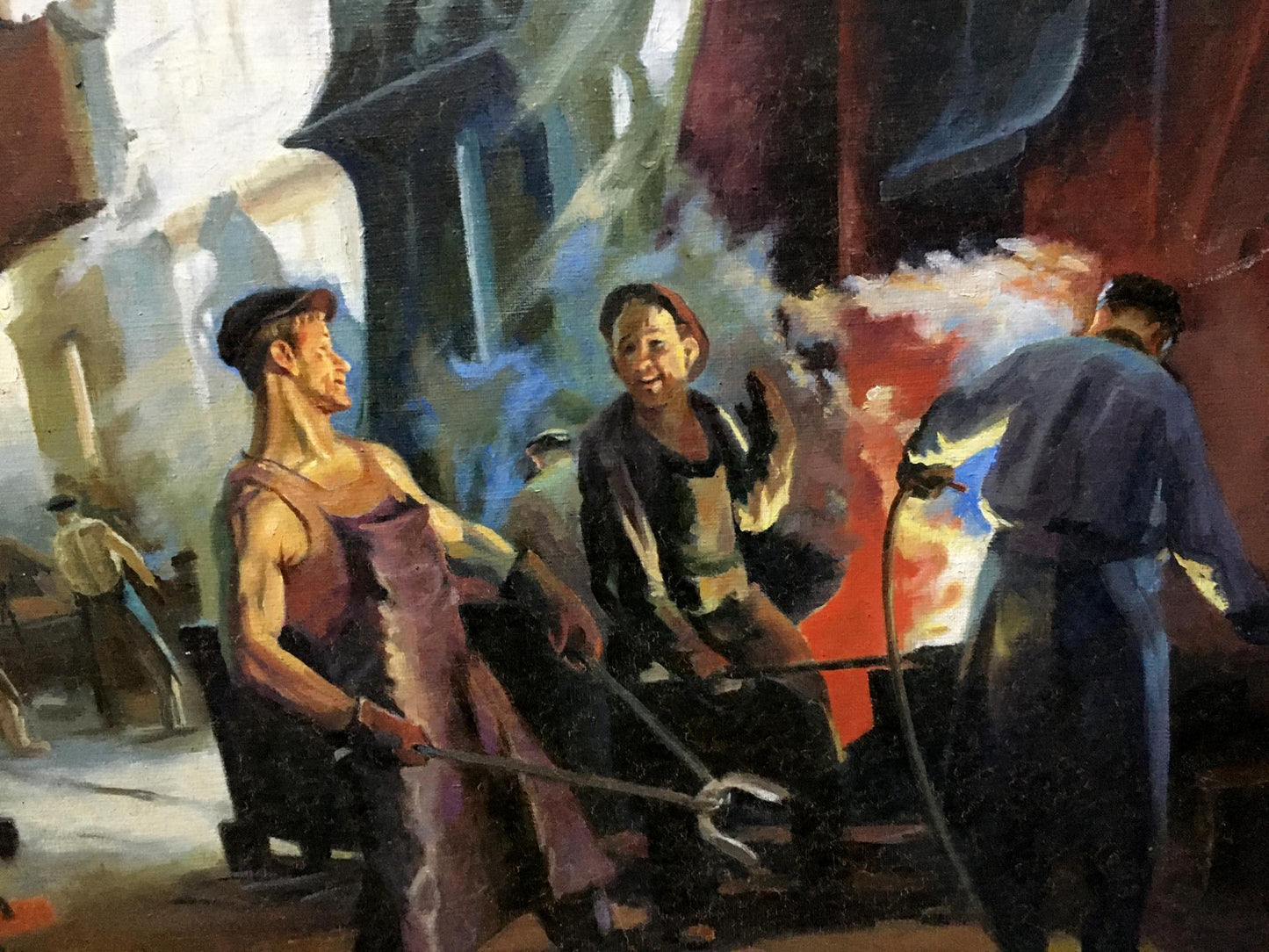 Vibrant oil painting of foundry workers by Vl. Tverdokhleb with molten metal