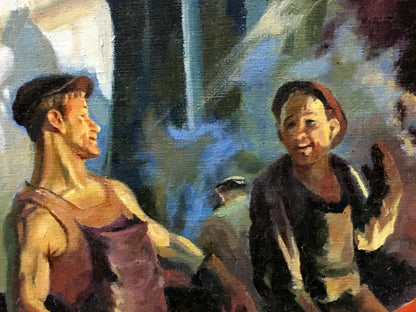Oil painting Factory everyday life Vl. Tverdokhleb: two smiling men in casual attire